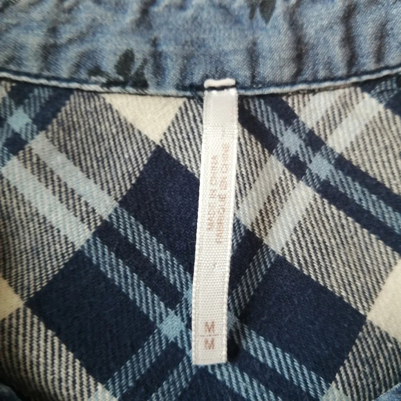 Free People Dottie Over You Chambray Button Up Floral and Plaid Blouse Medium - Picture 12 of 16